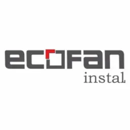 Szare logo firmy 'ecofan instal' z czerwonym kwadratem w górnym lewym rogu litery 'o'.