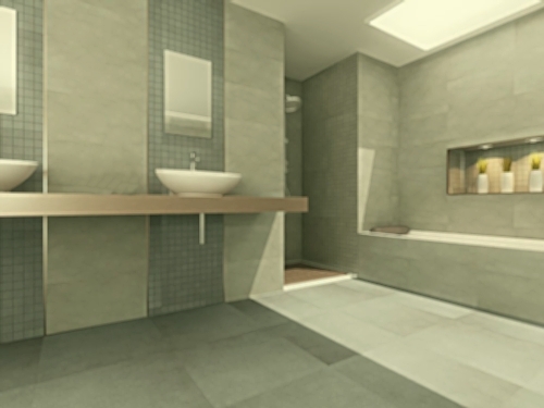 Nowoczesna łazienka z dwoma umywalkami nablatowymi, szarymi płytkami w różnych odcieniach i wnęką z dekoracjami, oświetlona górnym światłem.