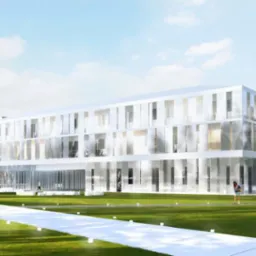 Wizualizacja nowoczesnego, trzypiętrowego budynku biurowego z przeszkloną fasadą, otoczonego zielonym trawnikiem i drzewami. Biały chodnik prowadzi do wejścia.