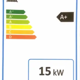 Etykieta energetyczna kotła grzewczego GreenHeat KP-15, klasa energetyczna A+, moc 15 kW, z symbolem kranu.