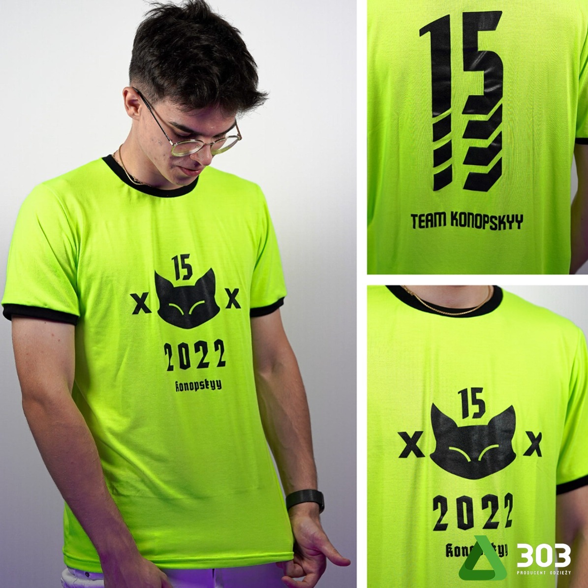 Mężczyzna w neonowej koszulce z czarnym nadrukiem '15', kotem, '2022' i napisem 'konopskyy'. Z boku zbliżenie na tył koszulki z napisem 'TEAM KONOPSKYY'.