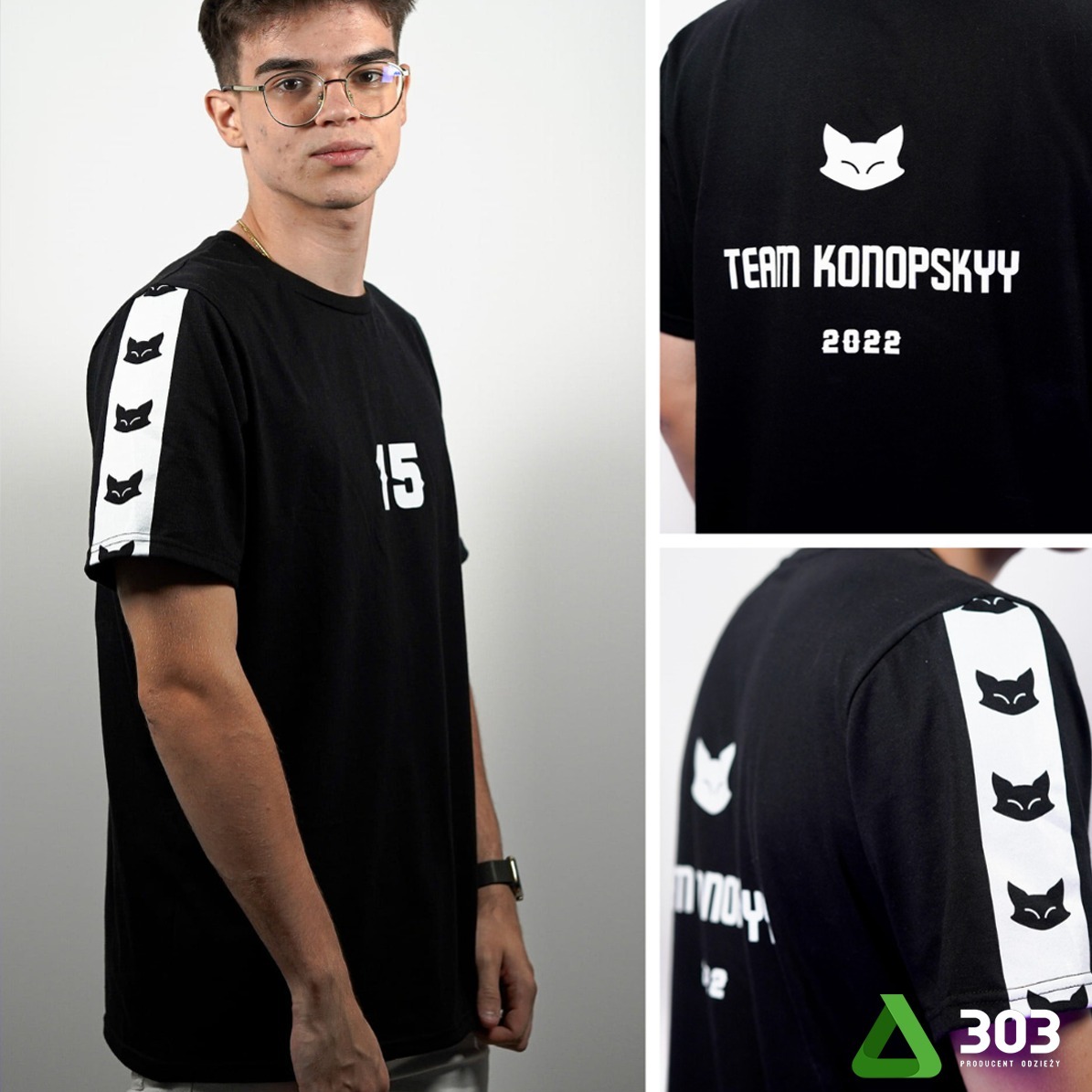 Czarna koszulka z nadrukiem 'Team Konopskyy 2022' i numerem 15, prezentowana na modelu w Gościcinie. Detal: białe paski z motywem lisa na rękawach.