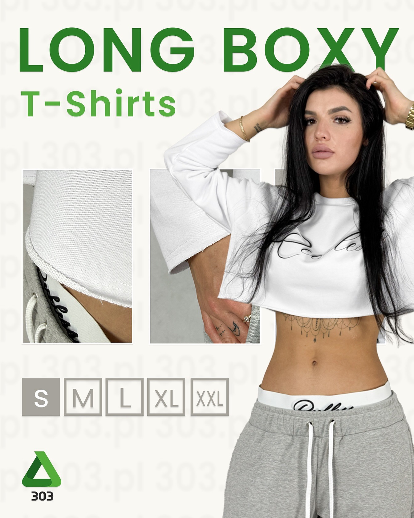 Krótka, biała bluza z długim rękawem prezentowana na modelce. Widoczne rozmiary S-XXL. Grafika z nazwą firmy w tle. Ujęcie od pasa w górę.