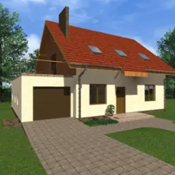 Wizualizacja domu jednorodzinnego z garażem, z czerwonym dachem i elementami drewnianymi, otoczona zielenią. Widok z przodu, w słoneczny dzień.