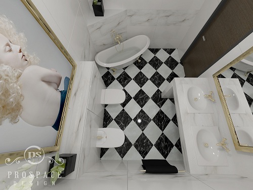 Elegancka łazienka z czarno-białą szachownicą na podłodze, białą wanną wolnostojącą, dwiema umywalkami nablatowymi z złotymi kranami, toaletą i bidetem, oraz lustrem z portretem kobiety, widziana...