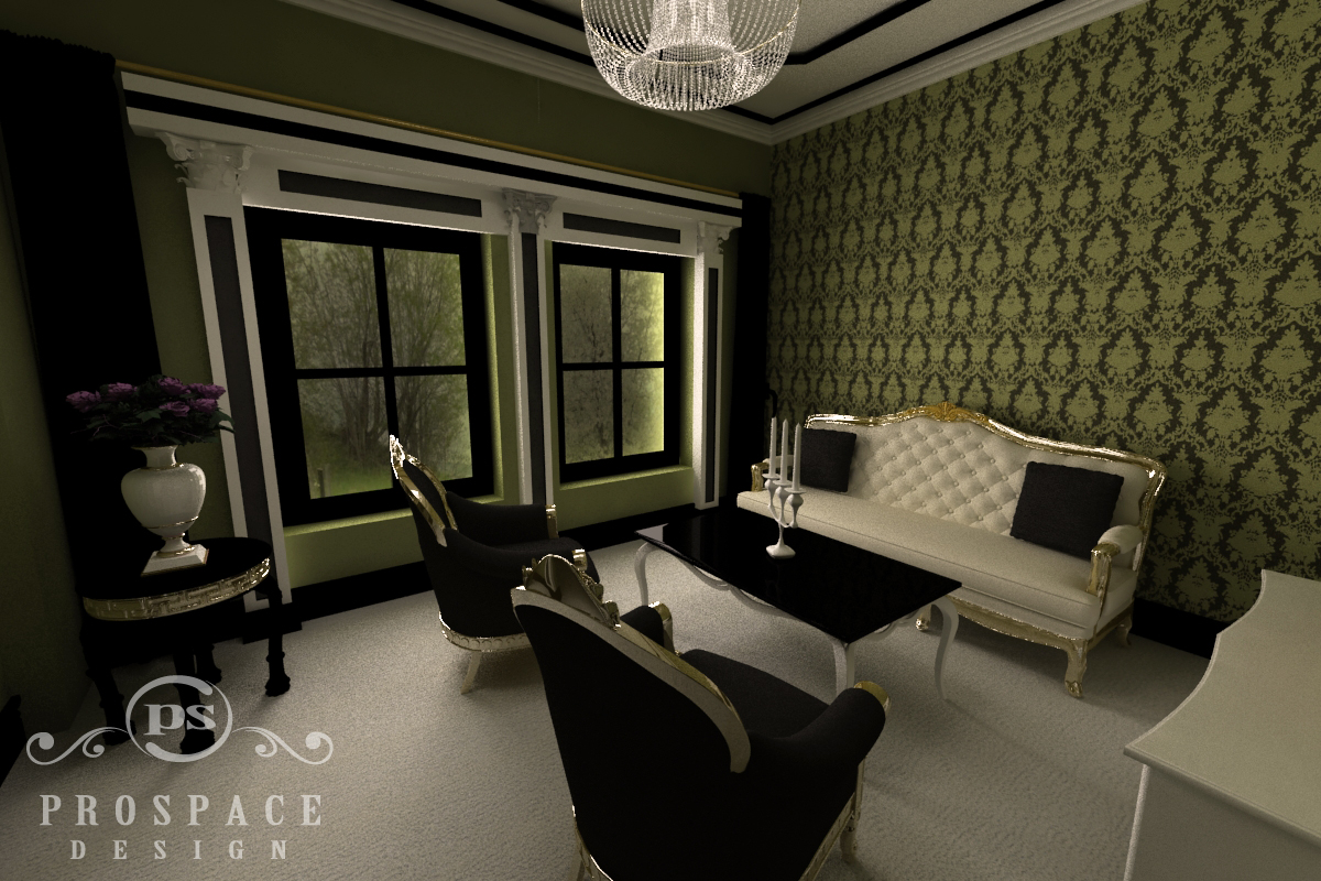 Elegancki salon w stylu glamour z wzorzystą tapetą w odcieniach zieleni, kryształowym żyrandolem, sofą i fotelami z czarną tapicerką i złotymi zdobieniami, czarnym stolikiem kawowym oraz kwiatami...