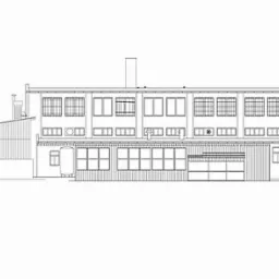 Techniczny rysunek elewacji dwukondygnacyjnego budynku przemysłowego z licznymi oknami, widoczne detale konstrukcyjne i przyłącza.