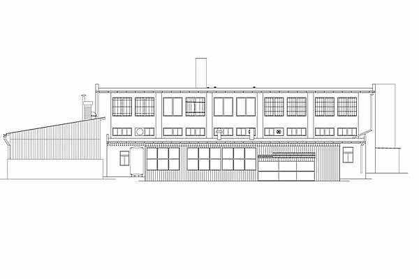 Techniczny rysunek elewacji dwukondygnacyjnego budynku przemysłowego z licznymi oknami, widoczne detale konstrukcyjne i przyłącza.