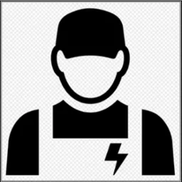 Czarna ikona przedstawiająca sylwetkę osoby w czapce i kombinezonie z symbolem błyskawicy, na transparentnym tle, w czarnej ramce.