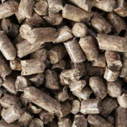 Zbliżenie na brązowe, cylindryczne granulki z biomasy, prawdopodobnie przeznaczone jako opał, z widoczną strukturą włókien drzewnych.