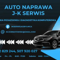 Reklama warsztatu samochodowego J-K Serwis z czarnym SUV-em, danymi kontaktowymi i godzinami otwarcia na niebiesko-czarnym tle.