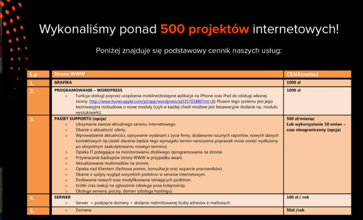 Cennik usług internetowych: grafika, programowanie WordPress, pakiet supportu, serwer, domena. Oferta zawiera ceny netto i zakres usług.