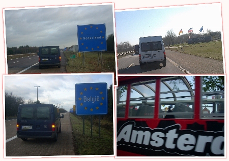 Kolaż zdjęć: granica z Holandią z znakiem 'Nederland', granica z Belgią z znakiem 'België', biały bus na drodze oraz czerwony autobus z napisem 'Amsterdam'.