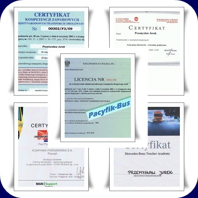 Zestaw certyfikatów i licencji transportowych, w tym certyfikat kompetencji zawodowych w międzynarodowym transporcie drogowym, licencja transportowa oraz certyfikat Mercedes-Benz Trucker Academy...