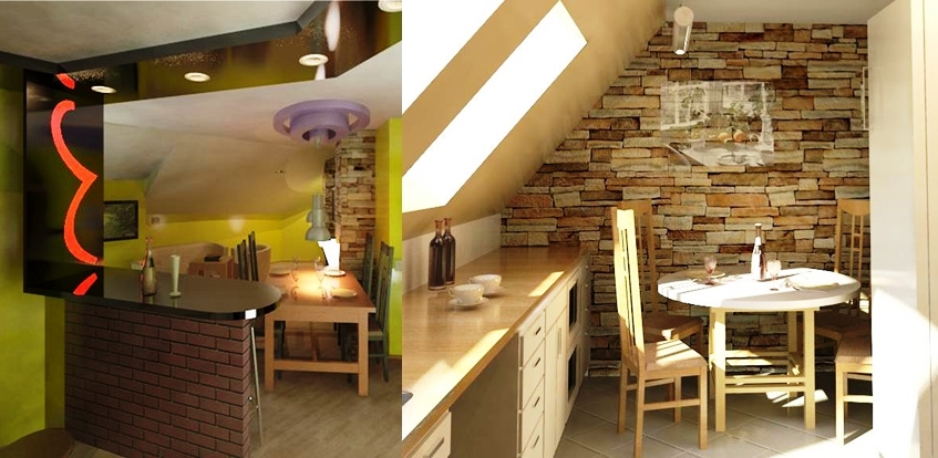 Wizualizacja wnętrza z żółtymi ścianami, barem z cegieł i podświetleniem LED, oraz kuchnią z kamienną ścianą i oknem dachowym.
