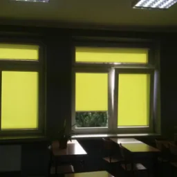 Wnętrze sali lekcyjnej z trzema oknami wyposażonymi w żółte rolety materiałowe, częściowo zasłonięte, oraz roślinami doniczkowymi na parapetach.