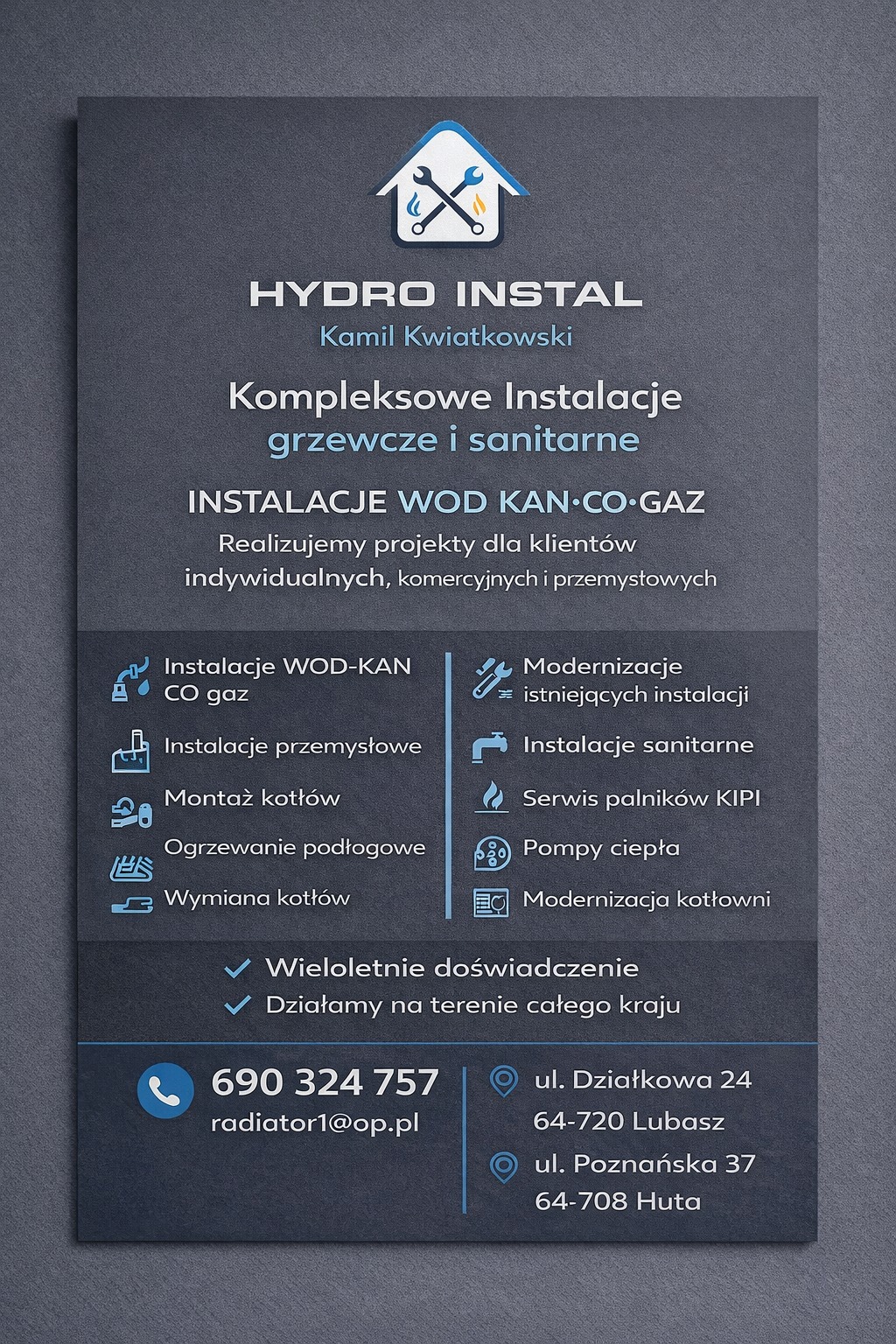 Wizytówka firmy Hydro Instal: kompleksowe instalacje grzewcze i sanitarne, instalacje wod-kan-co-gaz, montaż kotłów, ogrzewanie podłogowe, pompy ciepła, modernizacja kotłowni.
