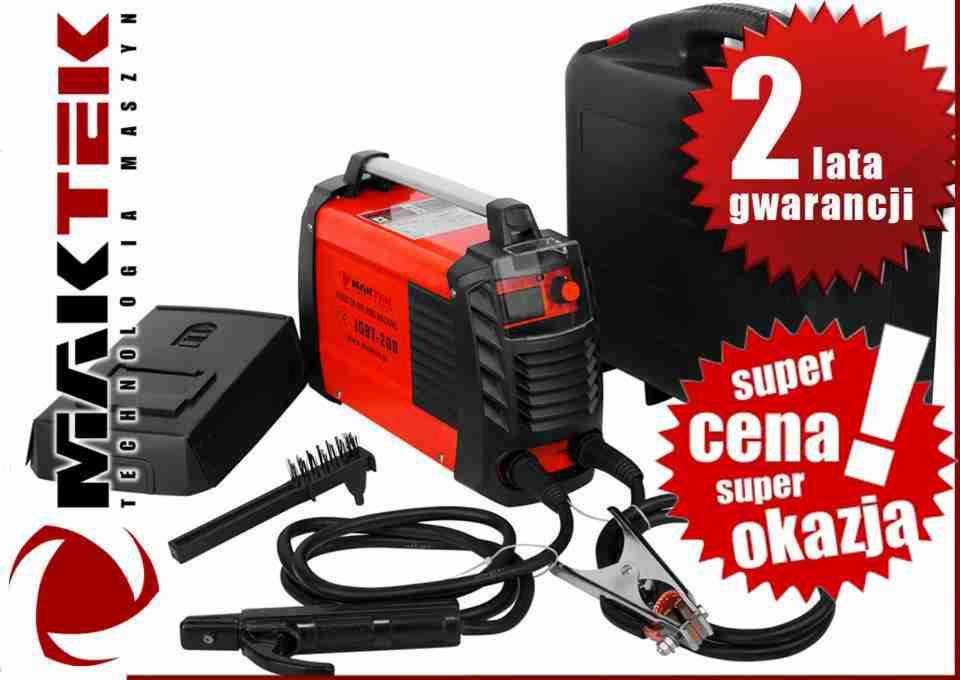 Czerwono-czarna spawarka inwertorowa 200A IGBT MMA marki MAKTEK z akcesoriami, obok czarnego opakowania z napisem '2 lata gwarancji' i czerwonej naklejki 'super cena, super okazja'.