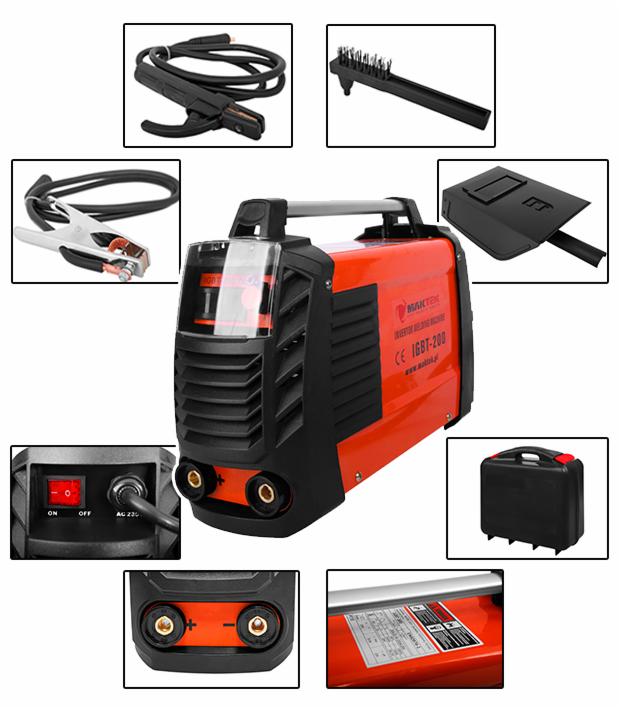 Zestaw spawalniczy: spawarka inwertorowa IGBT MMA marki Martek, uchwyty spawalnicze, szczotka druciana, maska spawalnicza i walizka transportowa na białym tle.