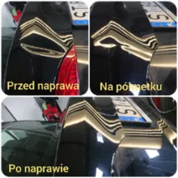 Czarne auto: uszkodzenie karoserii przed naprawą, w trakcie naprawy i po naprawie, widoczne odbicia światła.