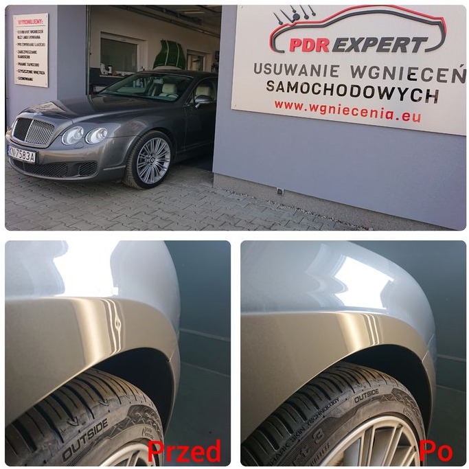Bentley Continental w warsztacie, usługa usuwania wgnieceń bez lakierowania, porównanie stanu nadkola przed i po naprawie, widoczne oznaczenia opon 'OUTSIDE'.