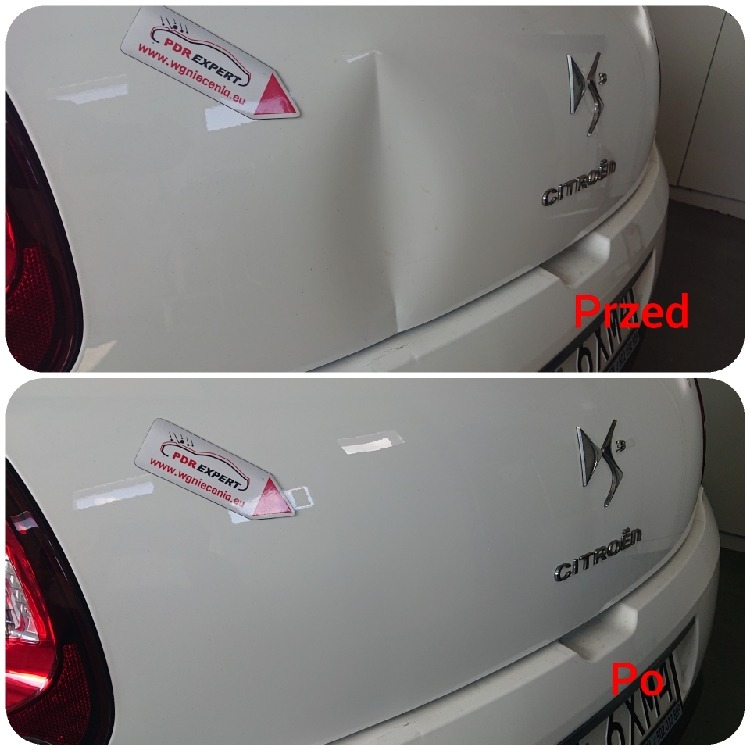 Biały samochód marki Citroen w Raciborzu, widok z tyłu, zarysowana i wgnieciona karoseria przed naprawą oraz wygładzona po naprawie, naklejka PDR Expert na błotniku.