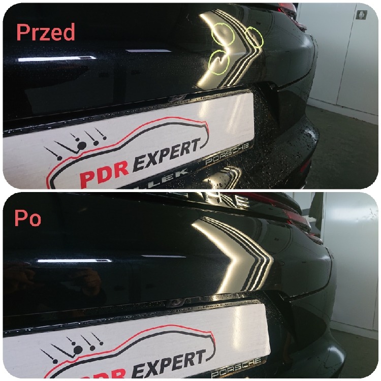 Porównanie stanu karoserii Porsche przed i po usunięciu wgnieceń metodą PDR, widoczne zarysowane okręgi na lakierze przed naprawą i gładka powierzchnia po naprawie.