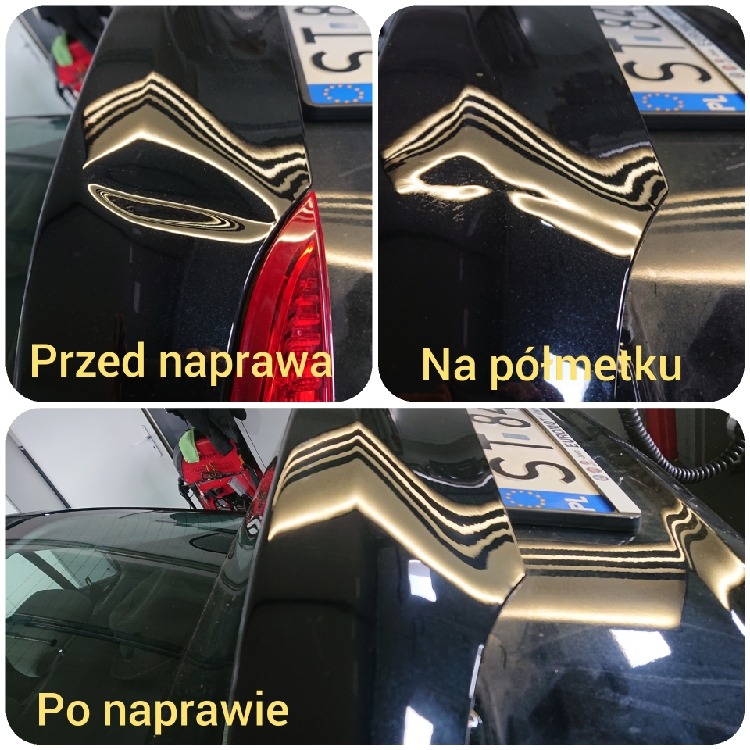 Czarne auto: uszkodzenie karoserii przed naprawą, w trakcie naprawy i po naprawie, widoczne odbicia światła.