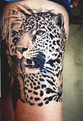 Czarno-biały tatuaż na udzie przedstawiający głowę jaguara z otwartym pyskiem, obok widoczny drugi motyw tatuażu przedstawiający kobietę z trawami w tle.