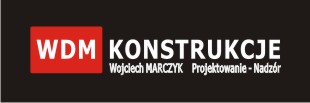Logo firmy WDM Konstrukcje Wojciech Marczyk, oferującej projektowanie i nadzór budowlany, na czarnym tle z czerwonym akcentem.