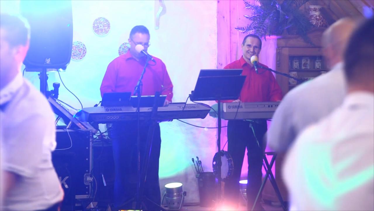 Dwóch mężczyzn w czerwonych koszulach grających na keyboardach Yamaha podczas występu na żywo, oświetleni reflektorami, z widocznymi mikrofonami i publicznością w tle.