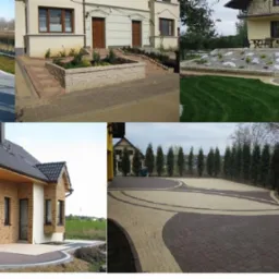 Mozaika zdjęć: różnorodne aranżacje kostki brukowej i granitowej przed domami. Widoczne ścieżki, podjazdy i elementy dekoracyjne. Estetyczne wykończenia.