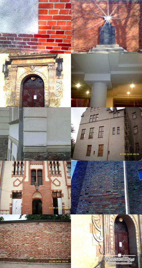 Mozaika zdjęć detali architektonicznych: ceglane ściany, portale z dekoracjami, fragmenty budynków z datami. Zróżnicowane ujęcia i oświetlenie.