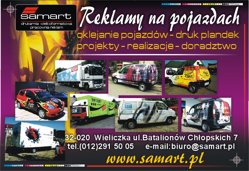 Prezentacja portfolio firmy z przykładami oklejonych pojazdów: samochody osobowe, dostawcze i ciężarowe z różnymi wzorami graficznymi i reklamowymi.