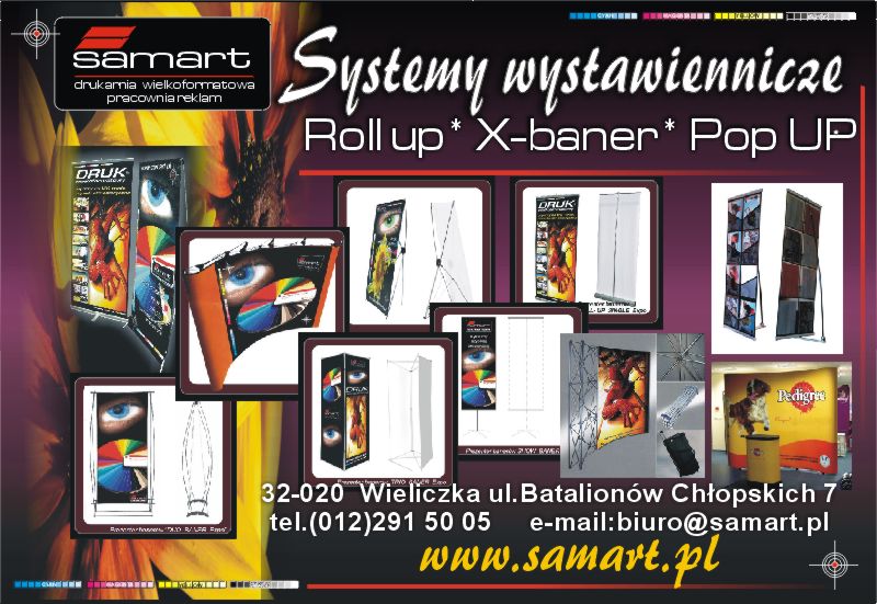 Katalog systemów wystawienniczych: roll-up, x-baner, pop-up, prezentujący przykładowe projekty graficzne i konstrukcje.