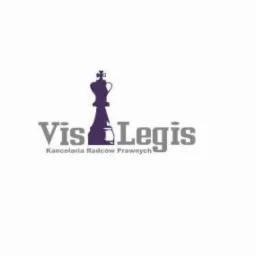 Logo kancelarii prawnej Vis Legis z motywem szachowego króla w kolorze fioletowym i szarym napisem Kancelaria Radców Prawnych.