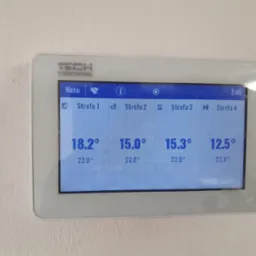Panel sterowania ogrzewaniem podłogowym marki TECH, wyświetlający temperatury w czterech strefach: 18.2, 15.0, 15.3 i 12.5 stopni Celsjusza, z ustawioną temperaturą docelową 22 stopnie Celsjusza...