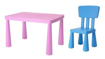 Różowy plastikowy stolik dziecięcy IKEA Mammut z zaokrąglonymi krawędziami i niebieskie krzesełko z oparciem, na białym tle.