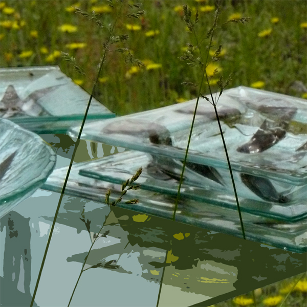 Stos kwadratowych, szklanych talerzy z motywem liści, ustawionych na tle łąki z żółtymi kwiatami i źdźbłami trawy.