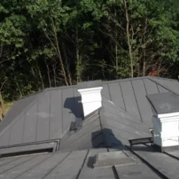 Szary dach z blachy na tle drzew, widoczne białe kominy i okno dachowe.