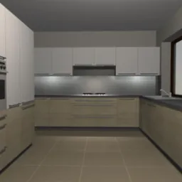 Wizualizacja kuchni: białe górne szafki, drewnopodobne dolne, szary blat i ściana nad blatem. Nowoczesny design z oknem po prawej stronie.