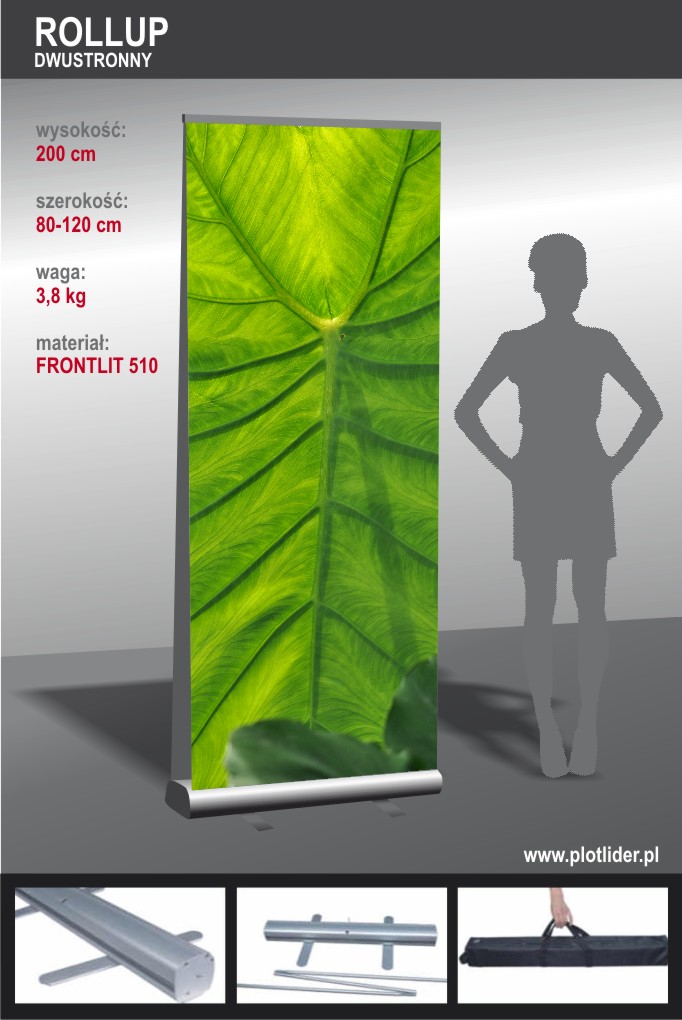 Dwustronny roll-up z grafiką przedstawiającą zbliżenie zielonego liścia, obok szara sylwetka człowieka dla porównania skali, w dolnej części detale konstrukcji i torba transportowa.