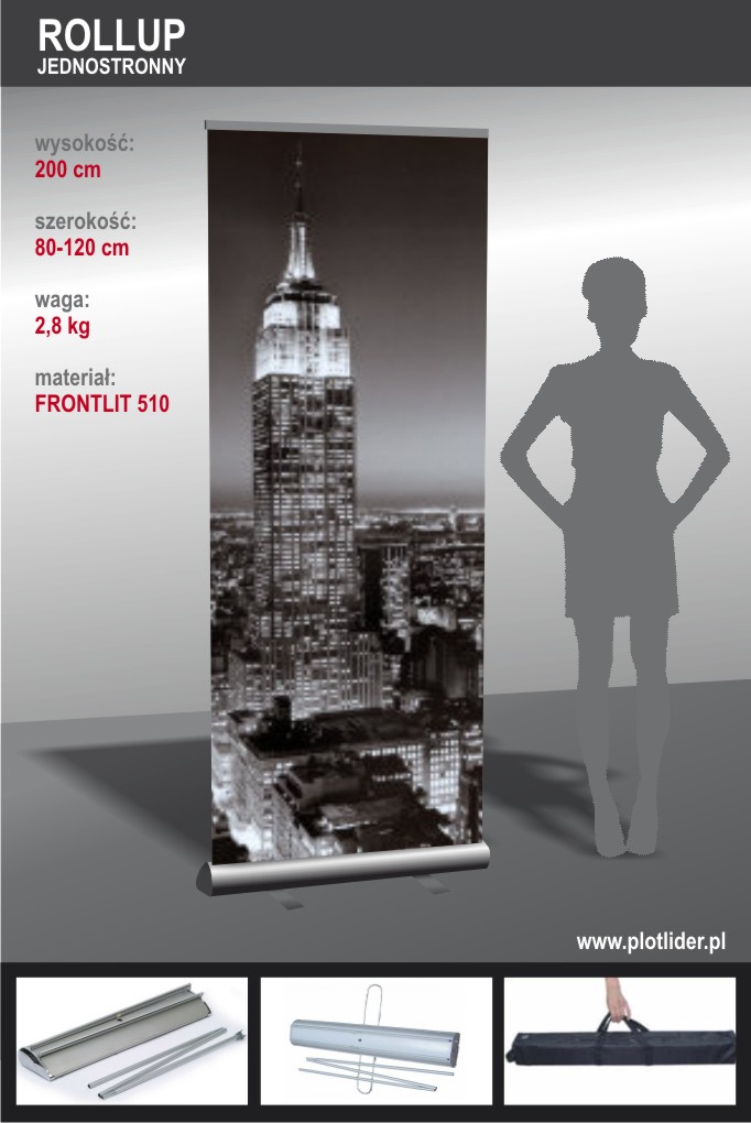 Roll-up jednostronny z czarno-białym zdjęciem Empire State Building, widoczne wymiary i waga, na dole zdjęcia elementy składowe roll-upu oraz torba transportowa.