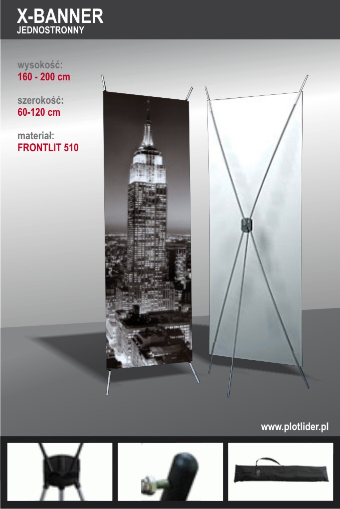 X-banner jednostronny z czarno-białym nadrukiem Empire State Building, widoczny stelaż i specyfikacje materiałowe.