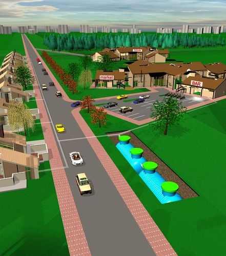 Wizualizacja osiedla z widoczną podziemną instalacją oczyszczającą ścieki z zielonymi włazami, umieszczoną wzdłuż drogi, z budynkami mieszkalnymi i usługowymi w tle.