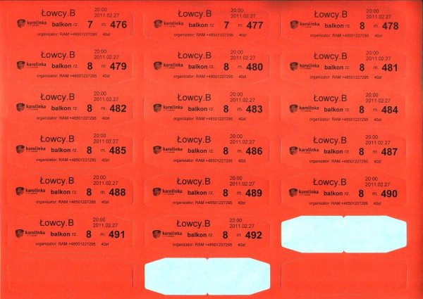 Nalepki na bilety z informacją o imprezie, oraz zawierające numery rzędów, miejsc itp