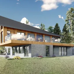 Wizualizacja nowoczesnego domu z elementami drewna i kamienia, duży taras z szklaną balustradą, otoczony zielenią i drzewami.