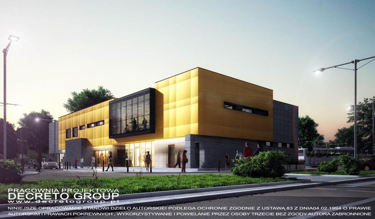 Wizualizacja budynku usługowego z żółtą elewacją i przeszklonym łącznikiem, otoczonego zielenią i ulicą z przechodniami. Projekt architektoniczny z logo Decreto Group.
