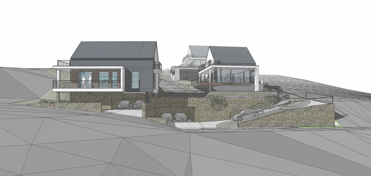 Wizualizacja 3D dwóch nowoczesnych domów z balkonami, zbudowanych na zboczu wzgórza z kamiennymi murami oporowymi i miejscami parkingowymi.