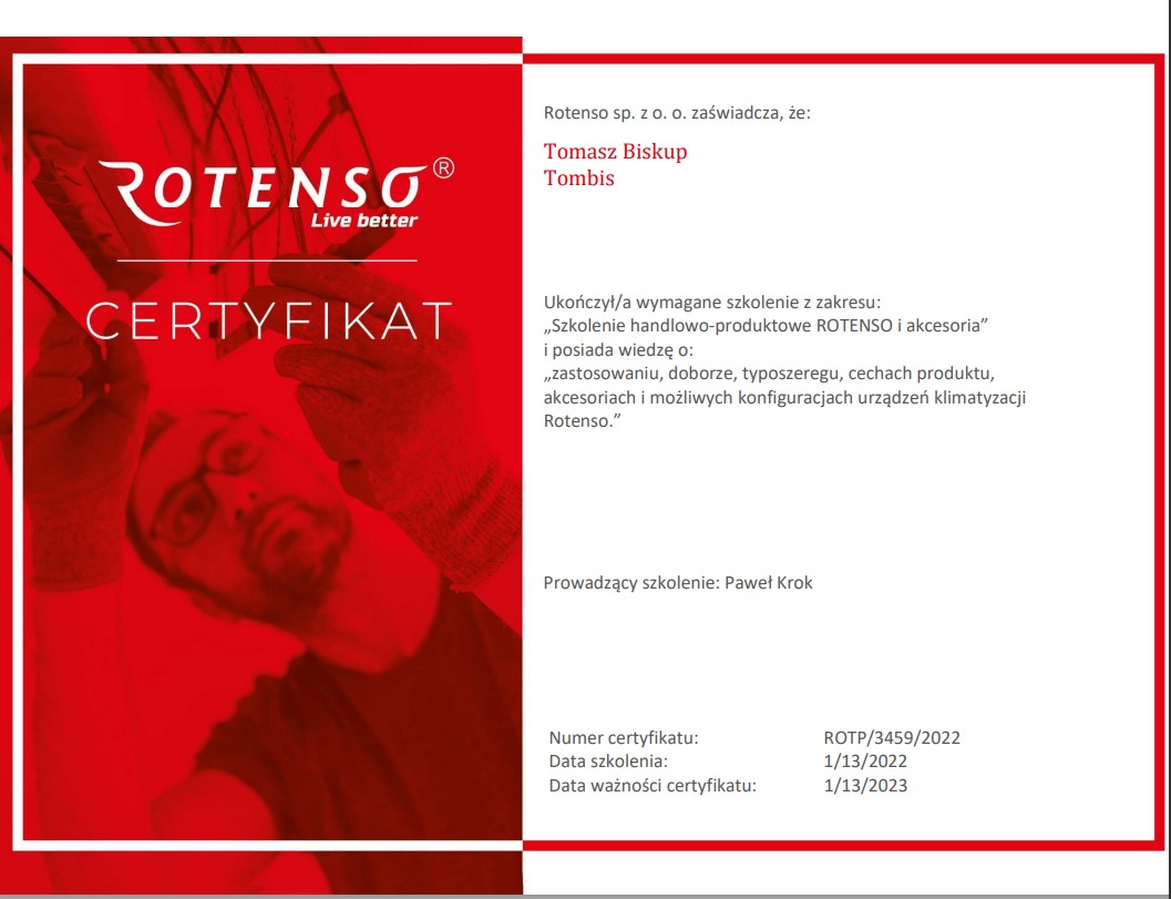 Certyfikat firmy Rotenso potwierdzający ukończenie szkolenia z zakresu klimatyzacji, z widocznym pracownikiem w tle.
